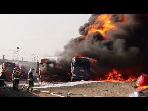 firefighters battle massive truck fire